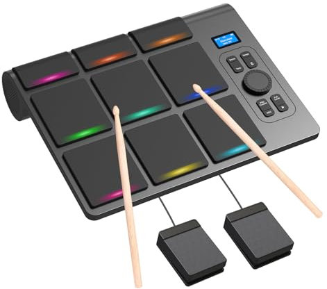 9-Pad Elektronisches Schlagzeug mit LCD, Dualen Stereo-Lautsprechern & Pedalen | Tragbares Tisch-Drum-Set für Anfänger & Profis | Bluetooth MIDI-Kompatibel | Ideal für Zuhause, Studio & Live-Auftritte