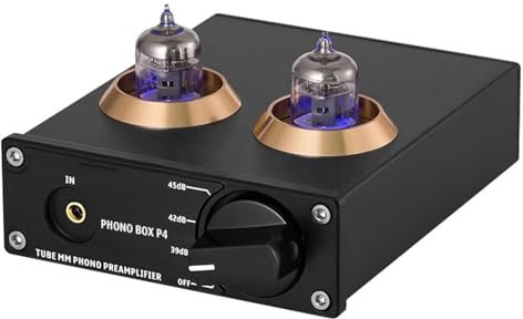 MObyat Mini Preamplificador Hi-Fi, Preamplificador De Fono con Tubo De Vacío, Tubos Reemplazables/Entrada Auxiliar De 3,5 Mm/Interruptor Entre 3 Modos: 39, 42 O 45 DB, para Tocadiscos