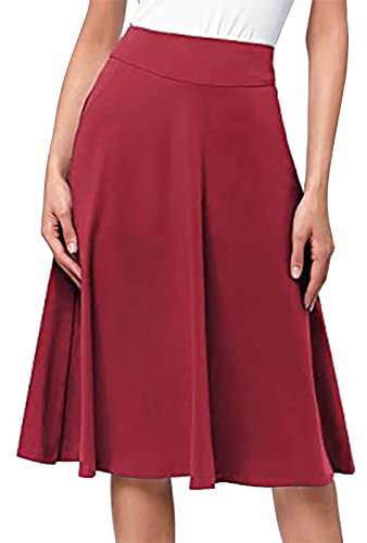 Today's Deals of The Day Ladies Elasticated Waist Skirts Simple Comfy Basic Solid Color A Line Flared Knee Length Skirt Elasticated Waist Skirts for Office Wear Women