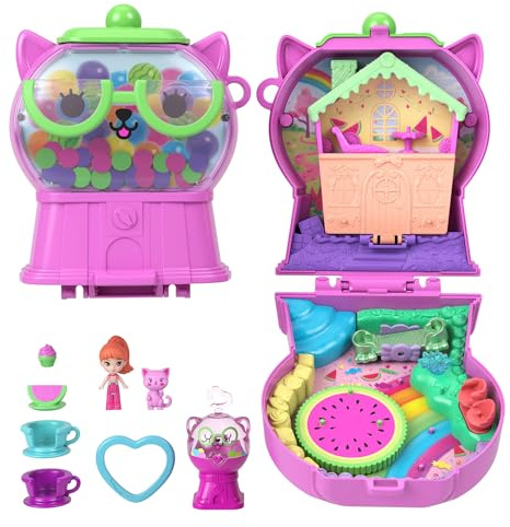 Polly Pocket Coffret Chaton Pastèque, jouet de voyage avec 1 mini-figurine, un animal, un manège en forme de tasse, une balançoire à bascule et des accessoires sur le thème des fruits, JKC50