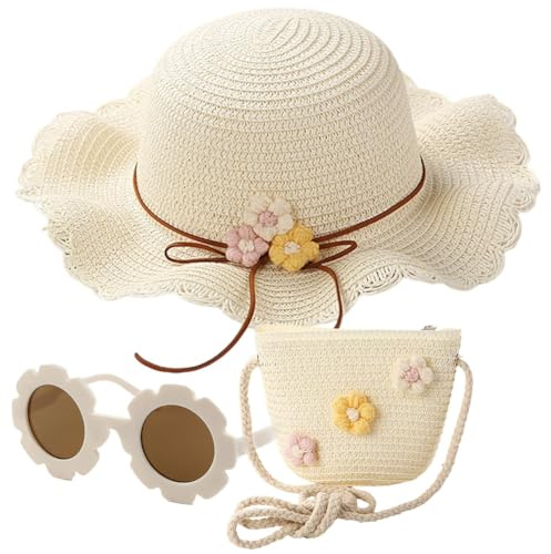 Sombrero de sol para niñas y bolsa de paja de 3 piezas, gafas de sol para niños con flores, mini bolsa de paja para niños Beach Sun Hat Set protección solar accesorios para vacaciones