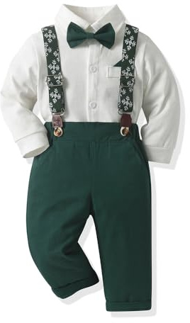 Yoolhamy pojkar kostym set juloutfit småbarn gentleman kostym barn julkläder långärmad skjorta med fluga och hängslen byxor, GRÖNVIT, 6-7 år