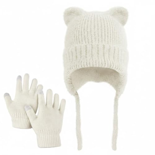 ZOORON Kids Winter Hat Glove Set for Boys and Girls, Cat Beanie with Warm Ear Flaps, Knit Skull Cap for Age 5-15 Years
