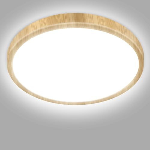 hepside Bathroom Light, 3000K/4000K/6500K 3 Color Temperature, Waterproof IP54, Utility, Round, Modern, Flush Ceiling Light for Bulkhead, Kitchen, Hallway Ø29CM(Wood)