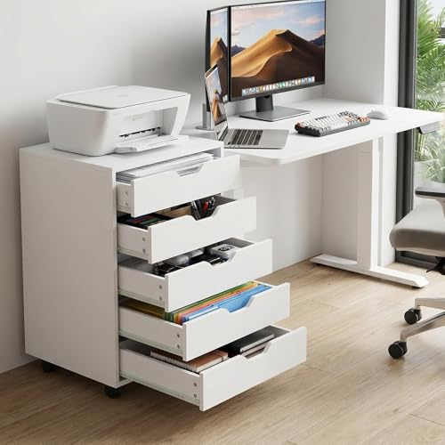 buybyroom Cajonera Oficina, Cajonera Escritorio con 5 Cajones, Multiusos Armario Archivador Móvil con 4 Ruedas para Bajo Escritorio Casa, Soporte para Impresora, 65cm Alto, Blanco