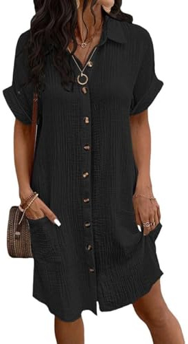 Yutdeng Robe Éte Femme en Coton et Lin Chic et Élegant Décontracté Col en V Boutonnée Robe de Plage Couleur Unie Robes Chemise à Manches Courtes Midi Robes Longue avec Poches,Noir,XL