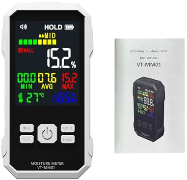 Zerodis Träfuktmätare, Digital Fuktdetektor Utan Stift med 2,25 LCD-skärm och Trefärgad Bakgrundsbelysning, för Ved Gips Murverk Byggnadsmaterial Papper Keramisk Takpapp (Vit)