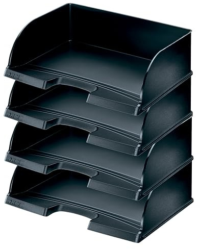 Leitz Briefkorb Querformat A4, 4er Pack, Briefablage mit extra großem Fassungsvermögen in Premium-Qualität, Stapelbare Ablagefächer als Organizer, Kombinierbar mit Plus-Serie, Schwarz, 52190095