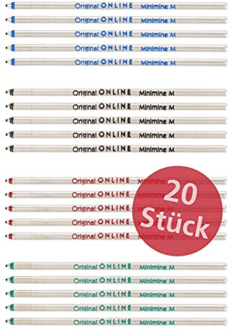 20x Kugelschreiber Ersatzminen in 4 Farben von Online, Standard D1 Minen, Strichstärke M, dokumentenecht, Set Kugelschreiberminen in vier Farben (jeweils 5x rot, blau, schwarz, grün)