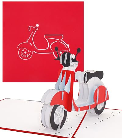 Biglietto d’auguri tridimensionale “Scooter - rosso”, biglietto pop-up con scooter, biglietto di compleanno originale, biglietto pieghevole scooter, biglietto d’auguri con busta 3D.