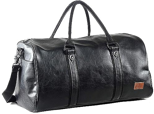 Leather Travel Bag with Shoe Pouch, Waterproof Weekender Overnight Bag, Carry On Duffel Bag for Men Women-Black