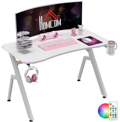 HOMCOM Gaming Desk with RGB LED Lights, Ergonomic 120 x 66cm Computer Desk with Cup Holder, Headphone Hook, Controller Rack，Z Shaped Gaming Table for Home Office, White