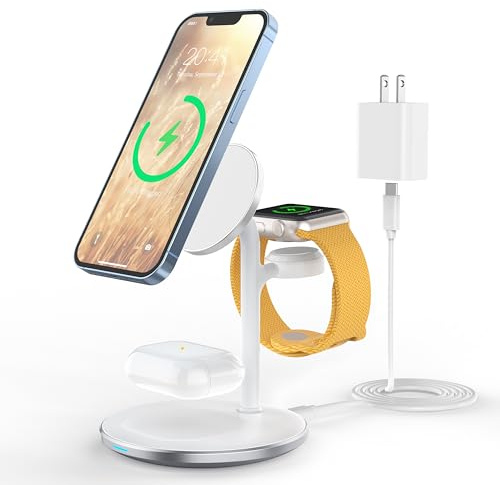 XooFly 3 in 1 Wireless Charging Station for Apple Devices, Fast Wireless Mag-Safe Charger Stand with 20W Adapter for iPhone 17 16 15 14 13 12 Pro Max/Air/Plus/Pro,iWatch,AirPods-Gift for Wife&Husband