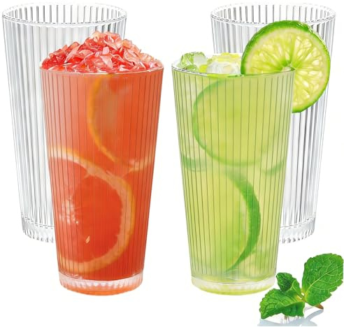 600ml Plastic Tumblers, Large Capacity Water Cups Acrylic Drinking Glasses Tumblers, 20 Oz Unbreakable Picnic Drinkware, Stackable Glassware Cocktail Glasses for Beach Party Beer, Tea, Juice, 4 PCS