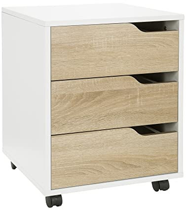 hjh OFFICE Caisson à roulettes Organiser I Meuble d'appoint spacieux avec tiroirs et roulettes, chêne/Blanc, 821010