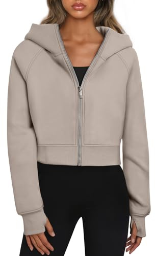Trendy Queen Womens Zip Up Hoodies Jackets Cropped Sweatshirts Fleece Fall Outfits Casual Comfy Y2k Tops Winter Clothes 2026 CoffeeGrey S
