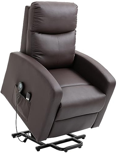 HOMCOM Sessel mit Aufstehhilfe, Elektrischer Massagesessel mit Liegefunktion, Relaxsessel mit Fernbedienung, Fernsehsessel mit Seitentasche, Aufstehsessel aus Kunstleder, Braun