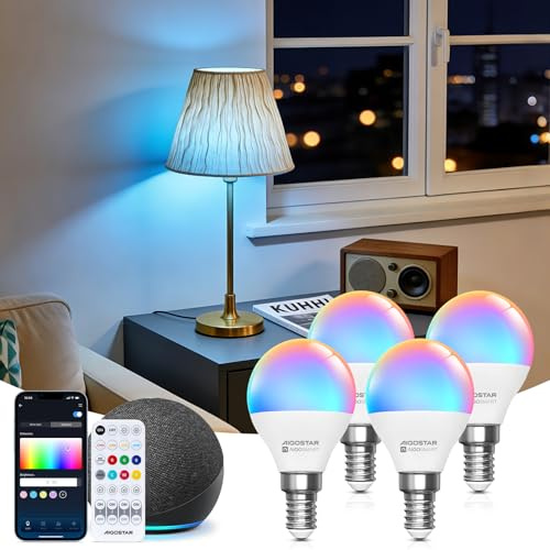 Aigostar - G45 Mesh Bluetooth Smart Lampa. 2700–6500K, RGB Dimbar. E14-gänga, 6,5W, 555lm. Smart LED-lampa Kompatibel med Alexa. Fjärrkontroll ingår. 4-pack
