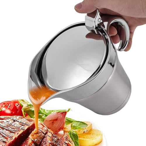 Salsera térmica de acero inoxidable de 450 ml: salsera con tapa abatible y asa, dispensador de salsas de doble pared, jarra de leche, para servir salsas, natillas, nata, salsa