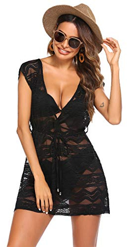AI'MAGE Robe de Plage en Dentelle pour Femmes Cover-Up pour Bikini Transparente pour Les Maillots de Bain Vague Noire S