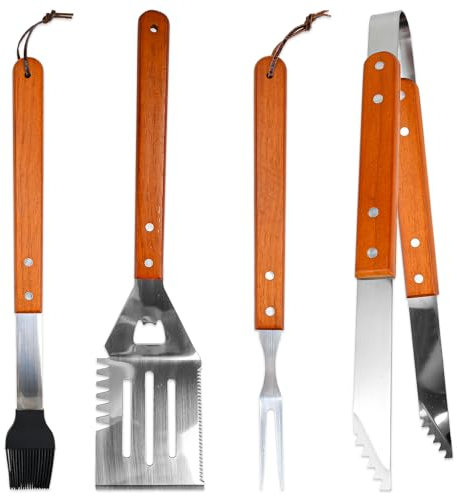 CAREDGO 4-teilig Grillbesteck Set Barbecue Tool aus Holz und Edelstahl Grillzange Grillgabel Grillbürste Grillwender Grill Bestecksets Grillwerkzeug BBQ Grillzubehör für Camping und Grillen im Freien