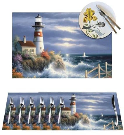 Lighthouse Diamond Painting Placemats Set of 1 Non-Slip Woven Place Mats for Dining Table Wipeable Heat Resistant Placemats Washable PVC Table Mats for Kitchen Wedding Party Decoration 12 x 18 Inch