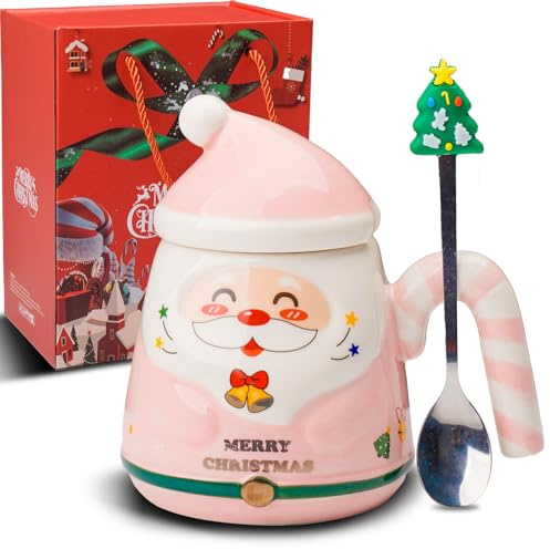 ZONSUSE Tazza Babbo Natale,Divertente Tazza di Natale,Tazza Colazione Natalizia,3D tazze natalizie,con Manico a Bastoncini di Zucchero e Cucchiaio per Albero Natale,Idee Regalo Natale 400ml (A-Rosa)