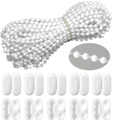 Hariendny 10 Meters (32.8 Feet) Roller Blind Bead Chain Replacement with Connectors, Roller Blind Cords, Venetian Blinds Cord for Roman Vertical Blind Chain, 10 Pcs Bead Chain Connectors (White)
