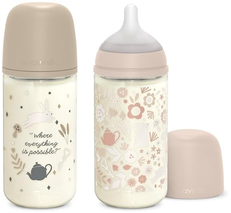 Suavinex, Pack 240 ml glasflaskor, SX Pro silikonflaska med symmetrisk napp, anti-kolik, flaska med medelflödesnapp (M), för spädbarn +3 månader, Wonderland Rose, beige