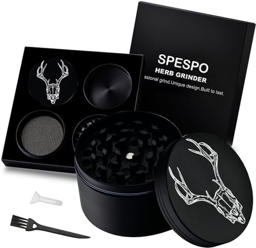 Spespo Grinder - Macinaspezie a 4 strati, 63 mm, in lega di zinco, con raschietto per polline e spazzola per la pulizia, per erbe, spezie e tè, confezione regalo premium (design cervo)