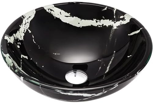 HJDQMDHA Bath Fixtures Tempered Glass Bathroom Sink Round Above Counter Vessel Sink Black Glass Washbasin Fast Drainage Countertop Sink Single Bowl