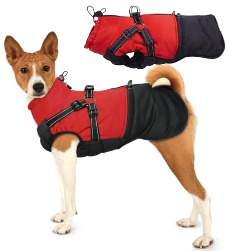 Hjumarayan Cappottino Cane Invernale - Cappotto con Pettorina Cappotti Cane Taglia Media Piumini con Cerniera per Cani Giubbotto Resistente all’Acqua, Rosso L