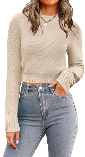 Zeagoo Jersey corto de punto para mujer, cuello redondo, manga larga, jersey de punto, otoño, invierno, informal, monocolor, tallas S-XXL, marrón claro, S