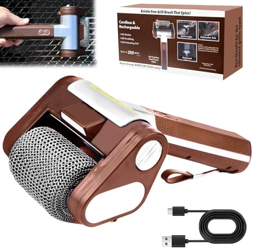 Vibbang Pulitore per Grill Elettrico Senza Setole, Spazzola Elettrica per la Pulizia del Barbecue, con Rullo in Acciaio Inossidabile a 350 RPM e Luce LED Integrata, per Una Pulizia Facile (B)