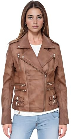 Infinity Leather Chaqueta de Motociclista de Cuero Bronceado con Hebilla Gótica Vintage de Napa de Cordero Auténtica Para Mujer