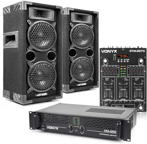 MAX26 Dual 6 Passive DJ Setup – Complete 1200W PA Speaker & Amp System with Mixer, Cables, Bluetooth & MP3 for Bedroom and Home DJ Setups, Starter Kit for DJs, Parties, Karaoke and Events