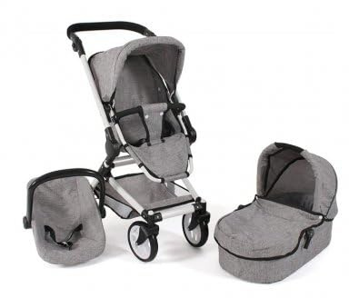 Landau Combi 3 en 1 Poussette, avec nacelle et Cosy, Gris - pour Poupee, Poupon - Pliable, poignee reglable 60-85 cm - Set Jouet et Carte