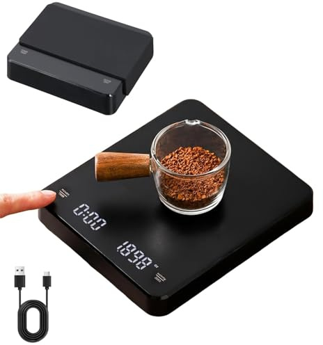 Digitale Küchenwaage, Kaffee Espresso Waage mit Silikon Pad, Tara-Funktion, 0,1g Genau, Max. Gewicht 3 kg, Kaffeewaage mit Timer, Feinwaage Küche Wiederaufladbare