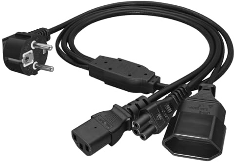 Strhowill tysk europeisk skyddskontakt förlängningssladd 1 till 3 uttag, europeisk splitter 1 till 3 Schuko-uttag, böjd euro-kabel med C13 + C5-uttag + EU4.0 (1 m)