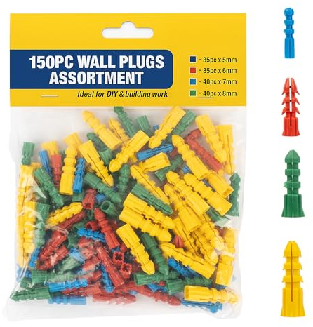 150pc Assorted Wall Plugs – 8mm, 7mm, 6mm, 5mm Sizes for Versatile DIY Fixings | Suitable for Brick, Block, Concrete & General Masonry (150pc - Assorted Plugs)