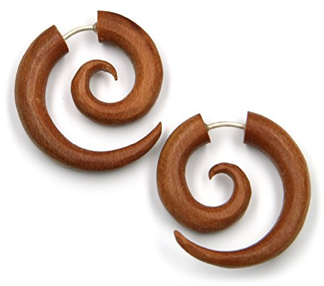Boucles d’oreille Faux piercing Spirale en bois rouge, Diamètre : 2,5 cm, Fermeture en argent sterling, vendu par paire