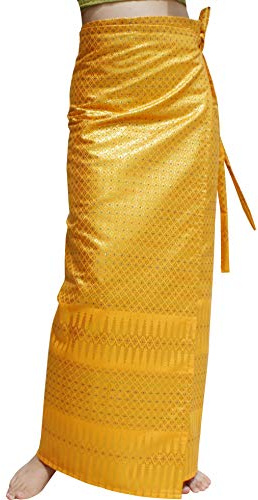 RaanPahMuang Brand Traditional Thailand Luxurious Silk Wrap Skirt Thai Formal Sarong, X-Large, Gaysorn - Marigold