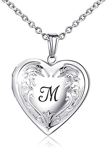 YOUFENG Locket Necklace that Holds Pictures Initial Alphabet A-Z Letter Pendant Necklace Platinum Plated Gifts for Women (M)