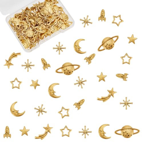 OLYCRAFT 112PCS Luna Stella Riempitivi in Resina a Tema Cosmos Charms in Resina in Lega di Zinco Forniture in Resine Epossidica per La Creazione di Gioielli in Resine (Oro Antico)