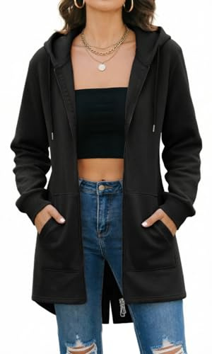 Tuopuda Sweat-Shirt Femme Sweat à Capuche Zippé Épais Hoodie Sport Hiver Manche Longue Manteau Grande Taille Coupe-Vent Gilet Long Automne avec Poches Zip Up Sweatshirts, Noir, XL