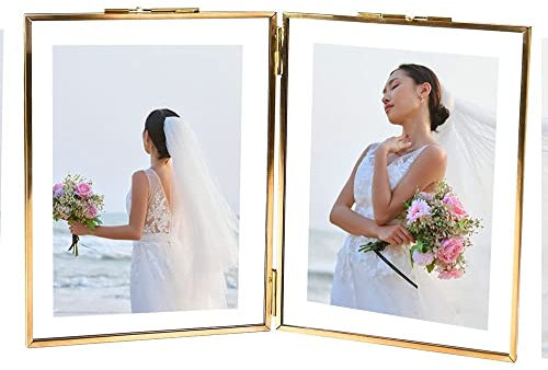 C&Z Double Folding 4x6 Brass Picture Frames Gold Vintage Style Glass Photo Frame Tabletop Memorial Picture Frame for Pressed Flowers Artwork Certificate Plants Specimen