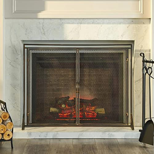 ALPATH Funkenschutzgitter Antiker Schmiedeeisernen Kaminbildschirm Mit Doppeltüren , Pet -sicherheitsfunke Fireguard Für Holzofen Und Gasbrände, L39.3 × W30,6 (ca.)