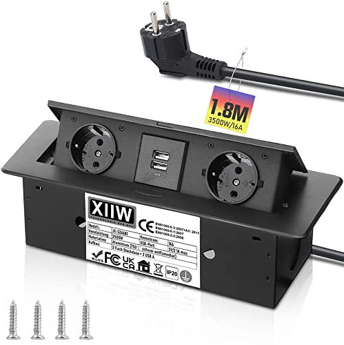 Aluminium Versenkbare Einbausteckdose, 3500W/16A, 2 Fach Tischplatte Versenkte Steckdose mit 2 USB, Tischsteckdose Mehrfachsteckdose für Arbeitsplatte Küche Büro, Steckdosenleiste mit 1.8M Kabel