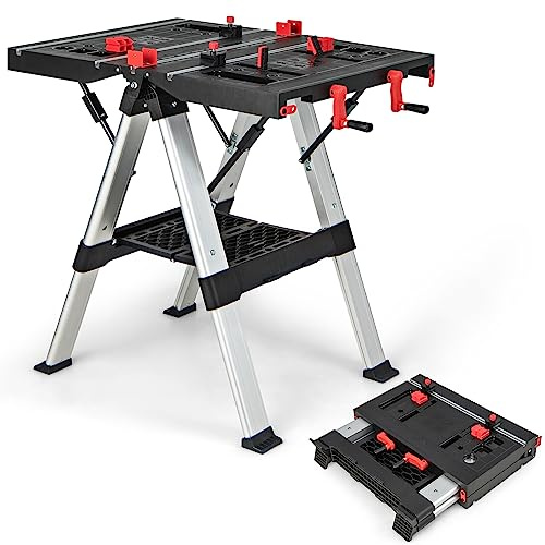 IRONMAX Folding Work Table, 2-in-1 Height Adjustable Workbench & Sawhorse w/Foldable Clamping Handle & Tool Tray, 440LBS/1000LBS Weight Capacity Work Bench for Woodworking Repairing