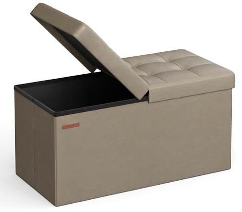 SONGMICS MAZIE Collection - 30 Inches Storage Ottoman Bench with Flipping Lid, Storage Chest Footstool, Load 660 lb, for Entryway, Living Room, Bedroom, Synthetic Leather, Camel Brown ULSF045K03